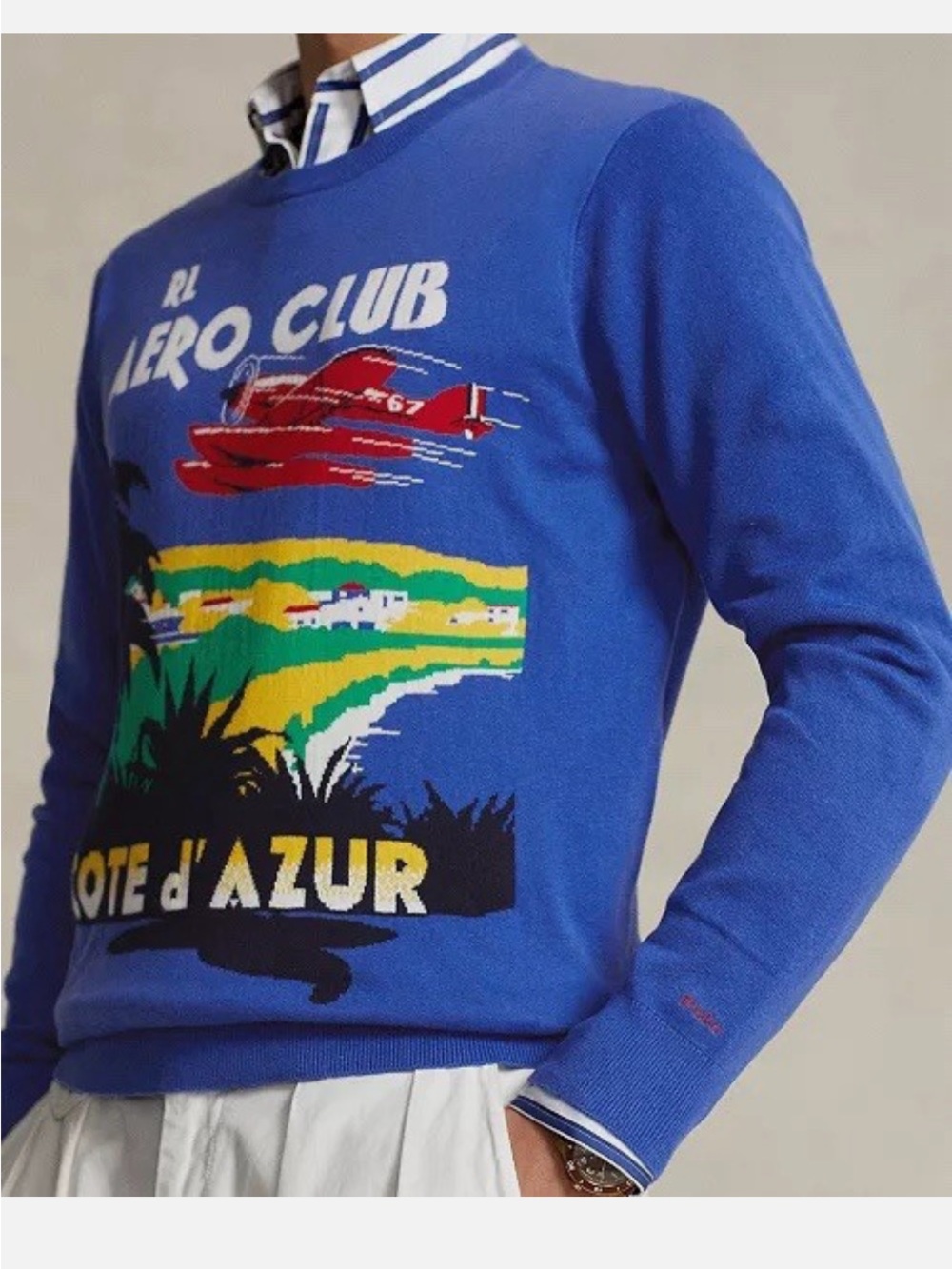 Ralph Lauren Blue Crewneck Sweater with Multicolor Aero Club Graphic